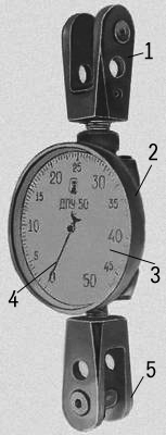 Рис. 4. Рабочий пружинный динамометр растяжения — работомер: 1 и 5 — захваты-проушины для приложения нагрузки; 2 — корпус с ромбовидным упругим элементом; 3 — циферблат со шкалой; 4 — стрелка.