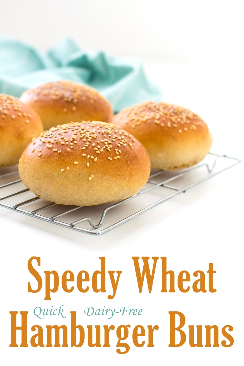 Speedy Homemade Wheat Hamburger Buns Recipe - fast and easy! Ready in just 40 minutes (no rise). Dairy-free with vegan option.