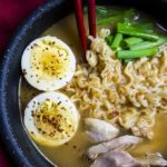 close up photo of instant pot ramen with hard boiled eggs
